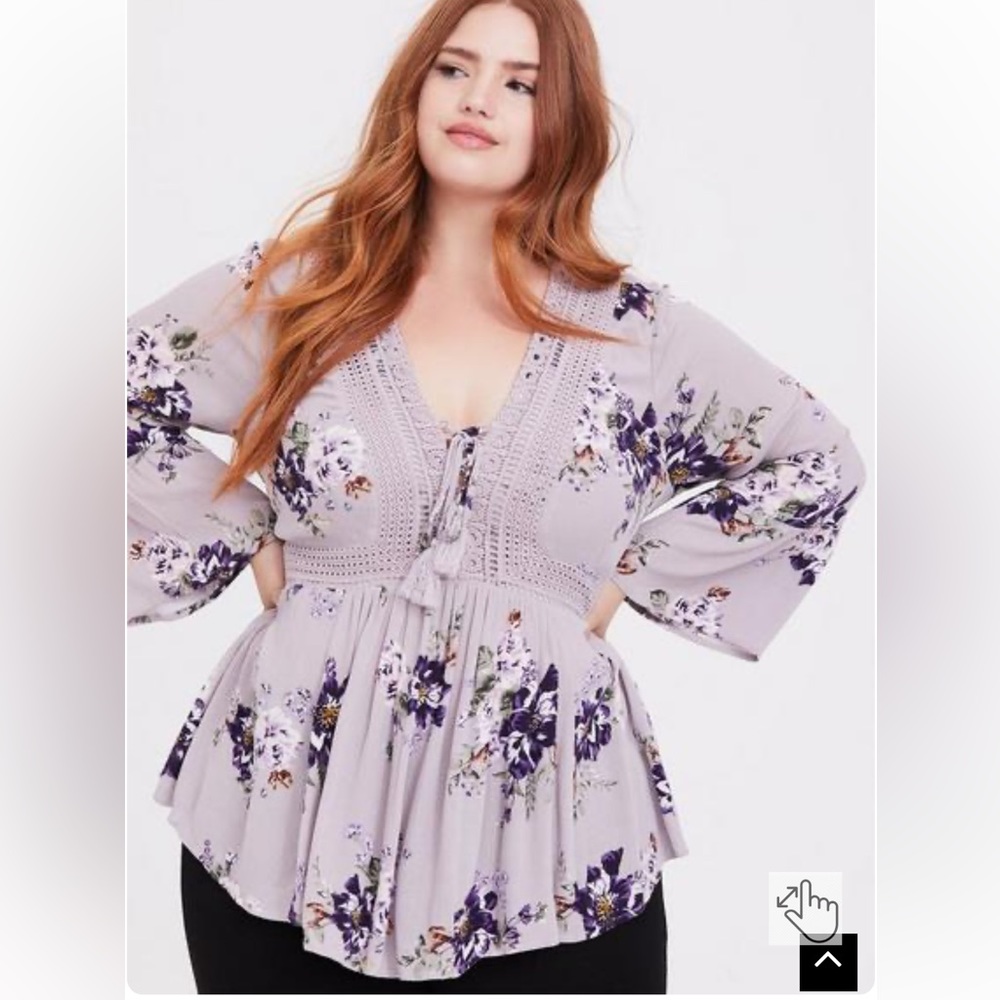 Babydoll Gauze Crochet Trim Lace-Up Top, torrid, size 4